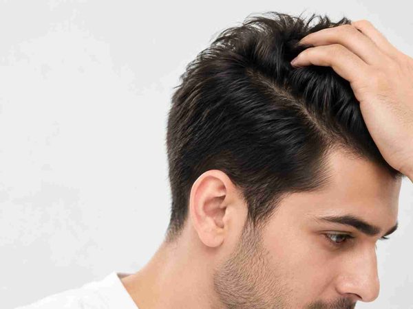 A man running his hand through thick, healthy hair, showing a strong hairline