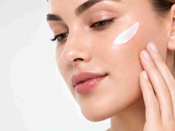 Close-up of a woman with clear skin and a swipe of treatment cream on her cheek