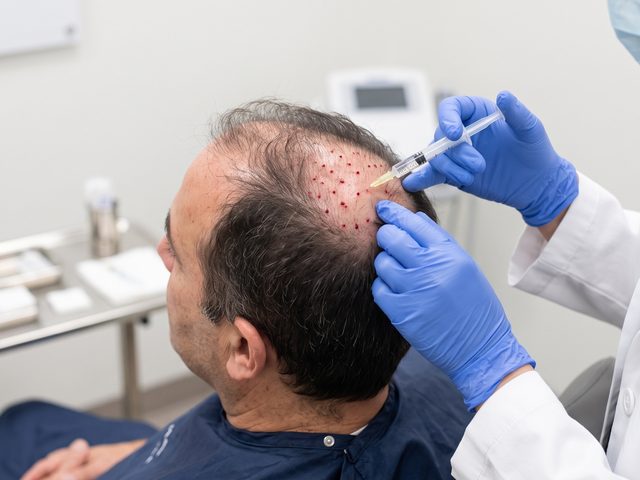A clinician injecting a patient&rsquo;s scalp during a hair restoration treatment
